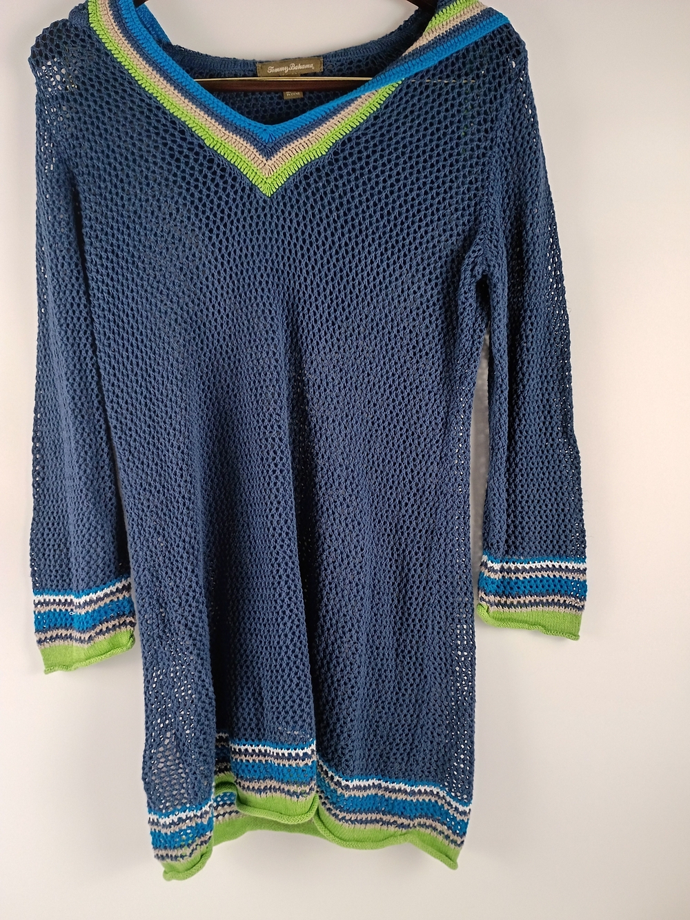Navy Open-Knit V-Neck Sweater Dress with Lime Trim - Tommy Bahama